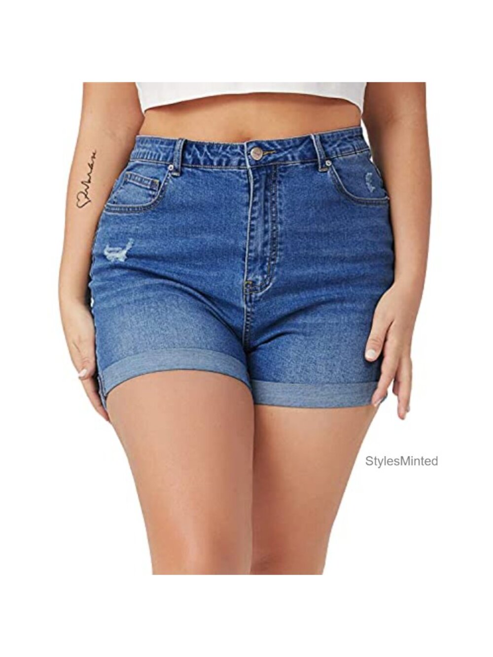 Plus Size High Waist Distressed Ripped Folded Hem Denim Shorts